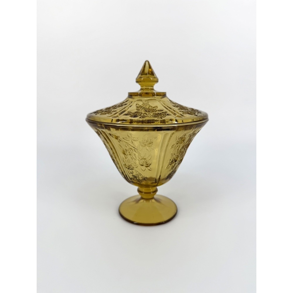 Vtg Federal Depression Glass Candy Dish Compote Cabbage Rose Sharon Amber Yellow